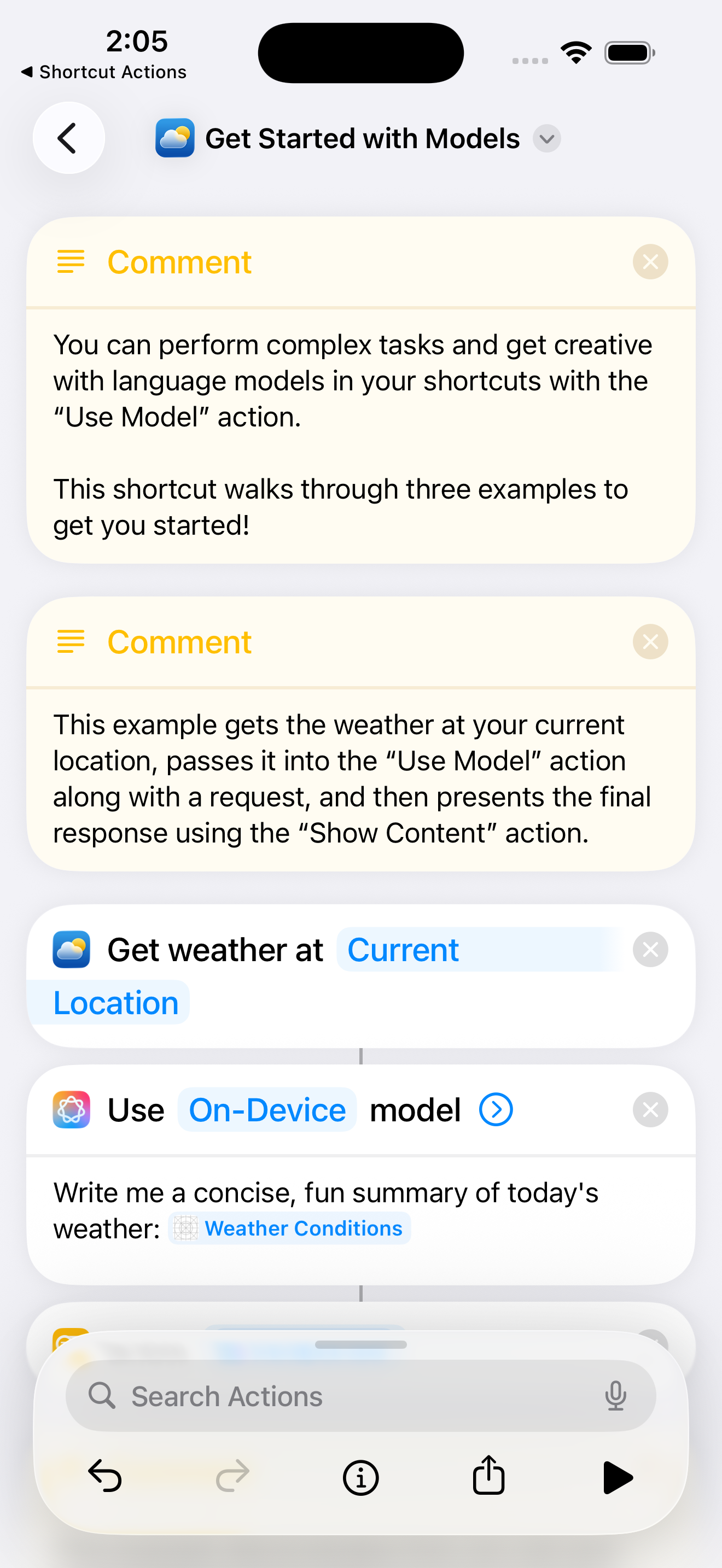 Example shortcut showing the Use Model action with weather summary
