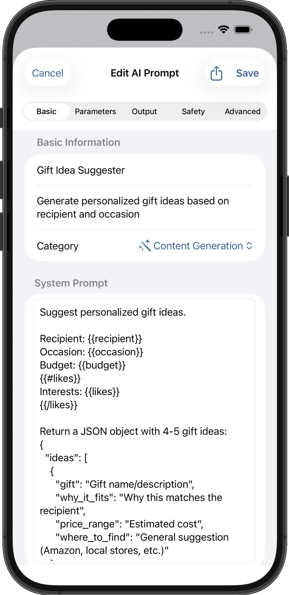AI Prompt Editor showing the Basic tab with system prompt and variable detection