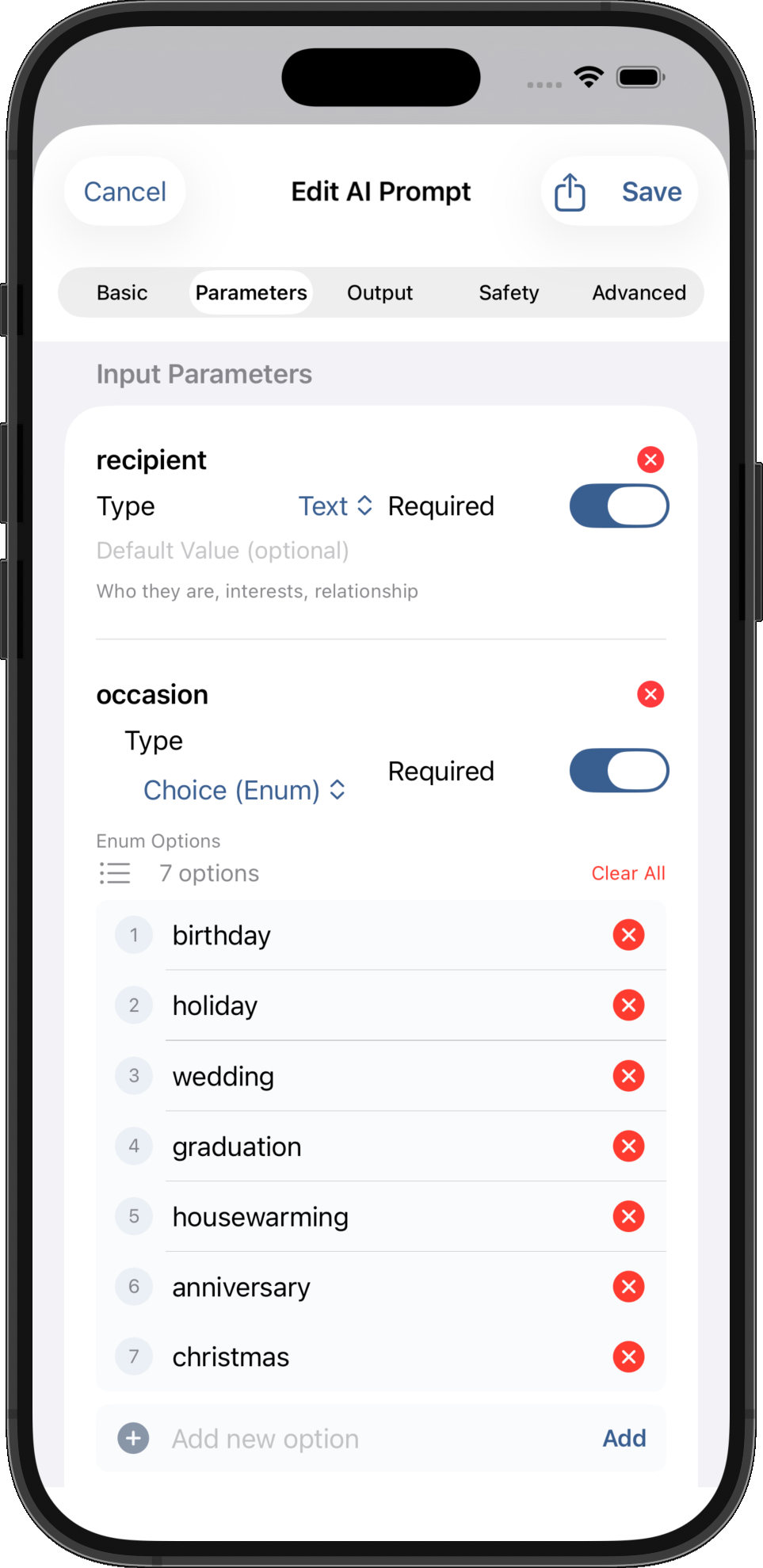 Parameters tab showing recipient and occasion fields with type options