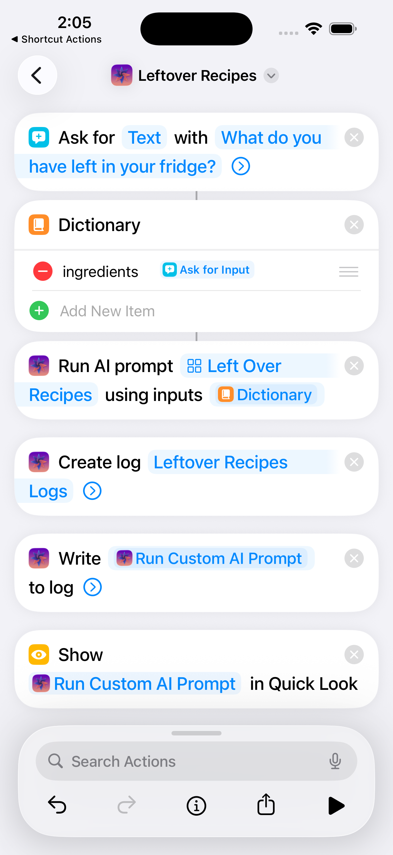 Shortcut example showing Create Log and Write to Log actions