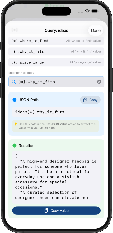 JSON Path query interface showing path and results