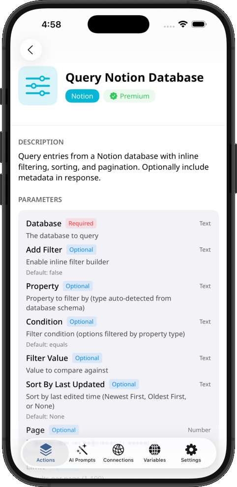 Showing Query Notion Database action for Shortcuts
