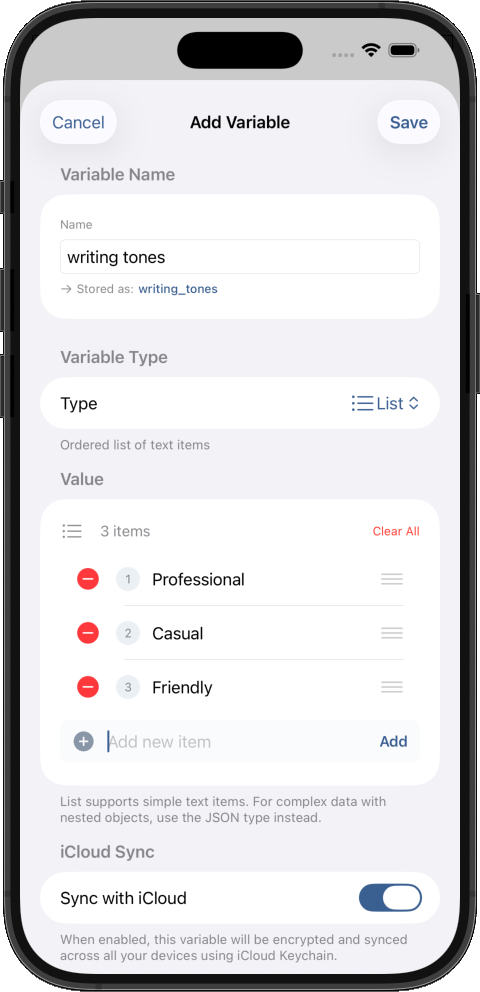 Add variable screen with for list values using mobile-friendly UI