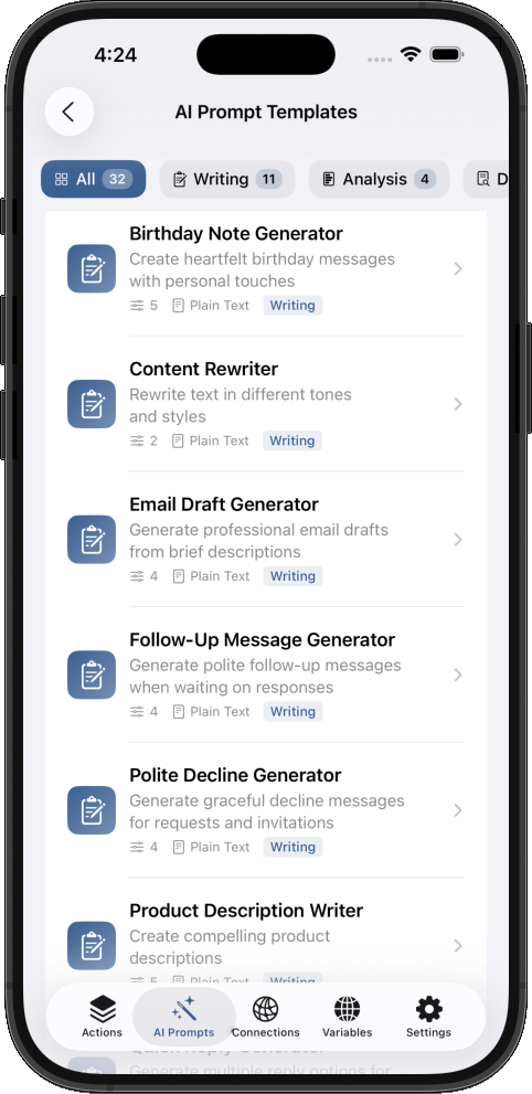 Showing AI prompt templates for writing