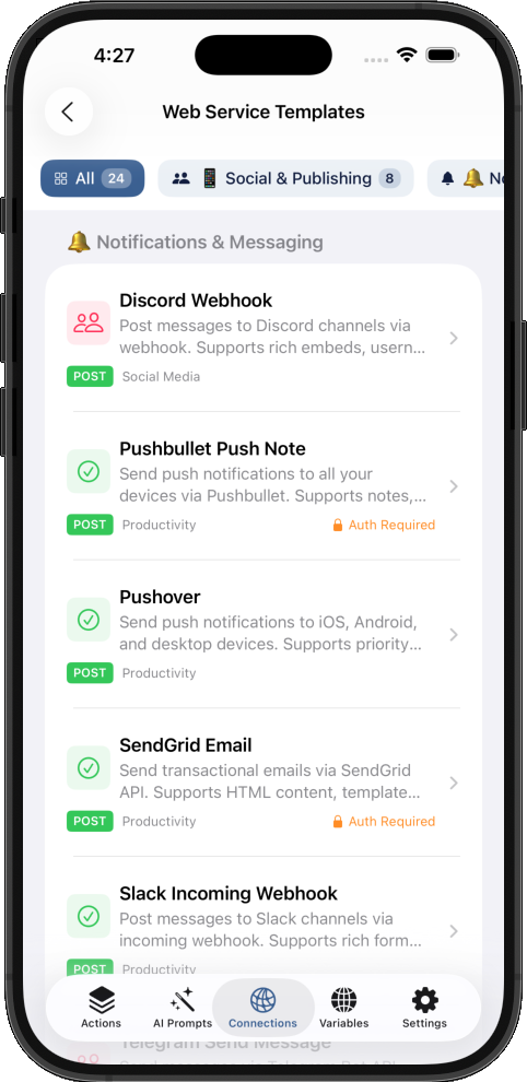 Showing pre-configured web connectors for messaging and notifications
