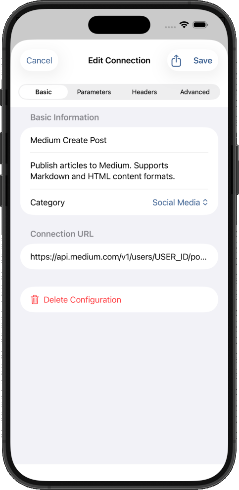 Showing edit connection for creating medium post